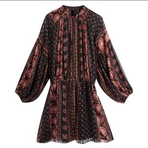 Zara Black Magenta & Metallic Lurex Balloon Sleeve Button Front Dress Medium